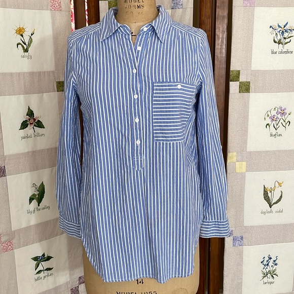 Caffe Marrakesh blue/white striped tunic, adjustable sleeves, button up w collar - Picture 1 of 9